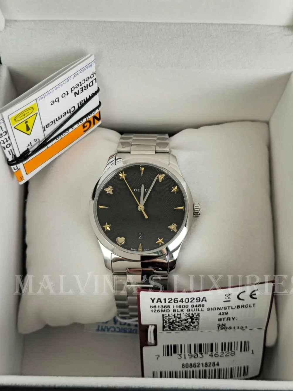 GUCCI WATCH YA1264029A STAINLESS STEEL BRACELET BLACK DIAL 38mm